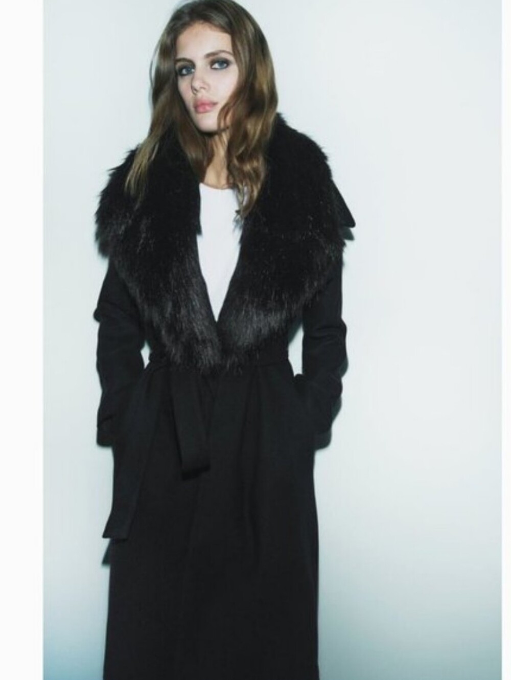 Zara Wool Blend Tweed Black Faux Fur-Collar Wrap Coat S Longline